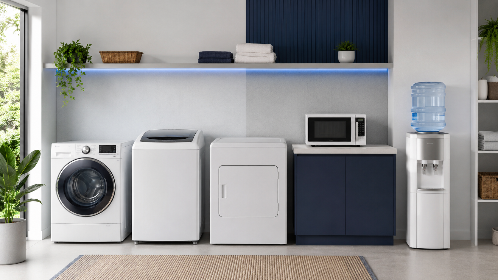 Equipamentos de linha branca: lava e seca, lavadora, secadora, micro-ondas e bebedouro